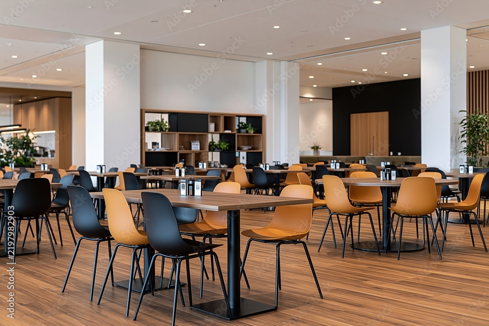 Naklejka premium Modern office cafeteria with empty tables and chairs