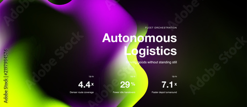 Abstract design promotes autonomous logistics solutions. Metrics highlight improved route coverage, fewer handovers, faster turnaround times.