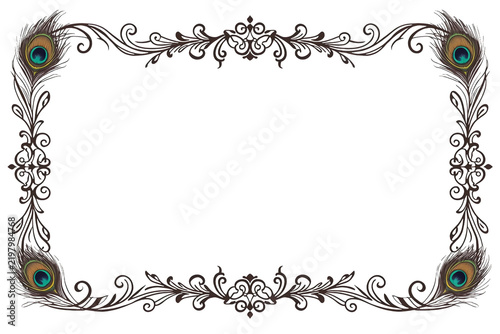 Ornate rectangular peacock feather frame with baroque scrollwork