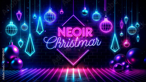 Neon Christmas Baubles and Glowing Bulbs Festive Background