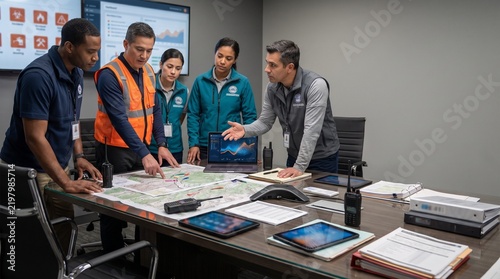 Disaster response team reviewing earthquake safety plans at a coordination meeting