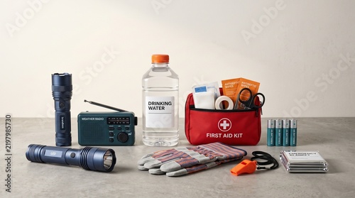 Earthquake preparedness kit with essential survival supplies arranged on neutral background