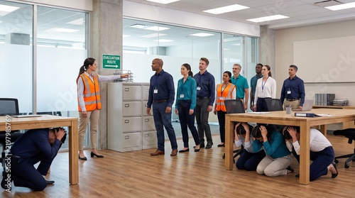 Office team participating in earthquake safety drill with emergency response training