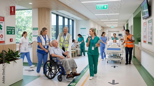 Medical team assisting patients during earthquake emergency drill in hospital corridor