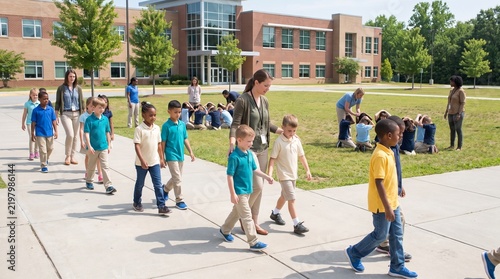 Diverse group of schoolchildren and teachers practicing an earthquake safety drill outside a school building