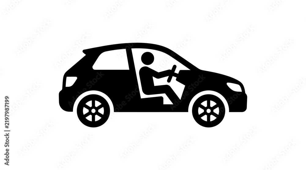 Obraz premium Black Car Silhouette with Driver Icon on White Background