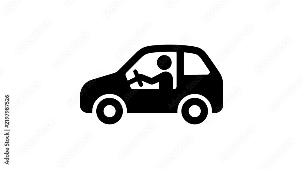 Obraz premium Minimalist black car icon with person driving isolated on white