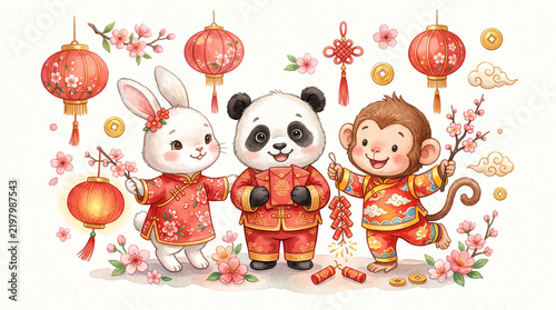 Cute Animals Celebrating Lunar New Year. with festive clothing, decorative envelopes, paper lanterns, flowers, and colorful holiday decorations in a family-friendly children's illustration.
