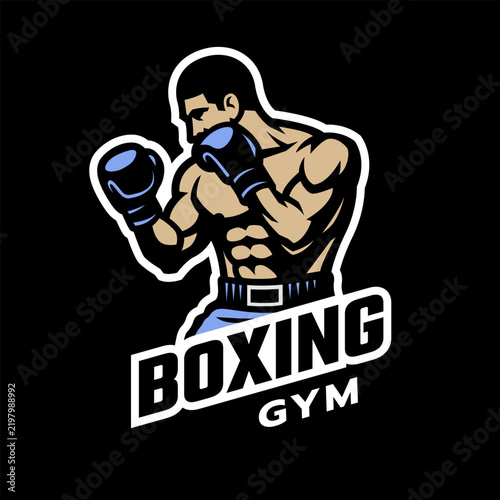 Silhouette of a boxer in a stance, logo on a dark background.