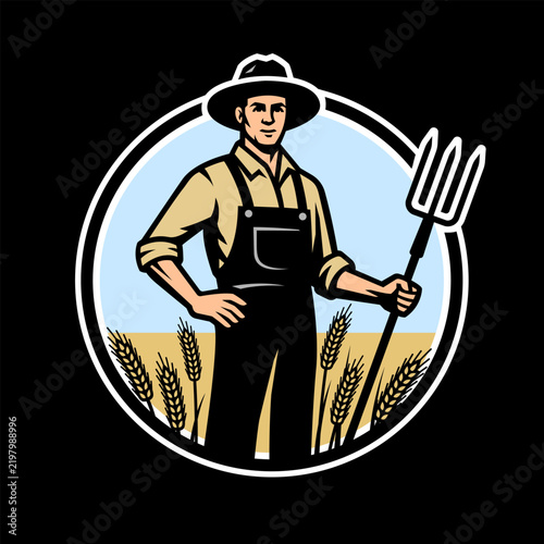 Kind farmer. Farmer holding wheat logo on a dark background.
