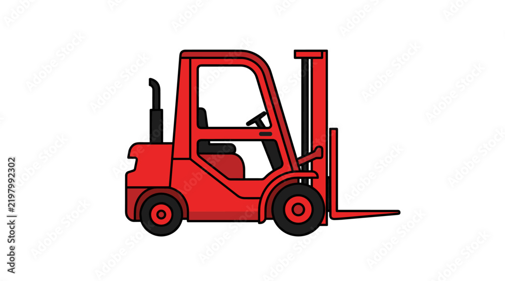 Fototapeta premium Red material handling vehicle with lifting forks used for warehouse logistics and industrial cargo movement.