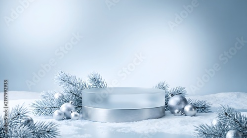 Winter Product Display Podium with Snow and Pine Branches