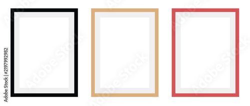 Empty picture frame set in black wood and red colors mockup vector template for poster gallery display isolated on white background