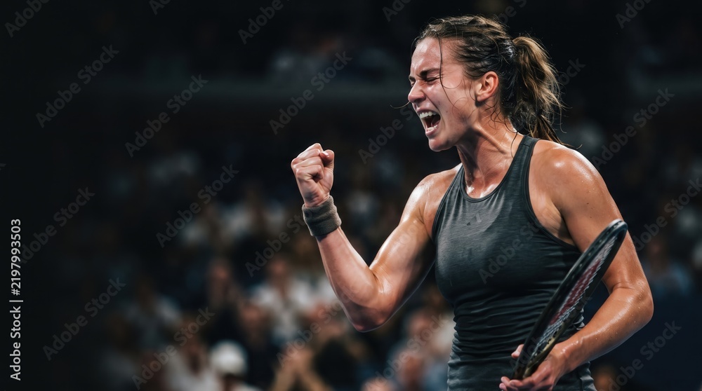 Obraz premium Emotional female tennis player celebrating victory with clenched fist and racket, capturing triumphant passion and athletic power for sports marketing and motivational competition design.
