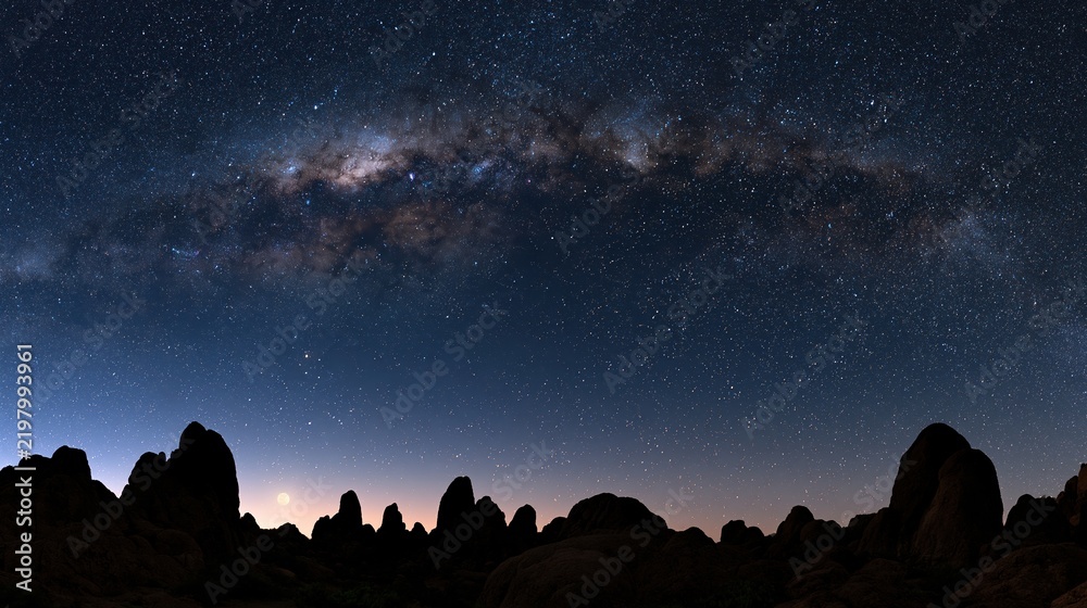 Obraz premium Milky Way galaxy above rocky mountain silhouettes