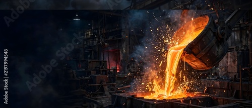Molten metal pouring from a heavy industrial ladle in a dark steel foundry with sparks