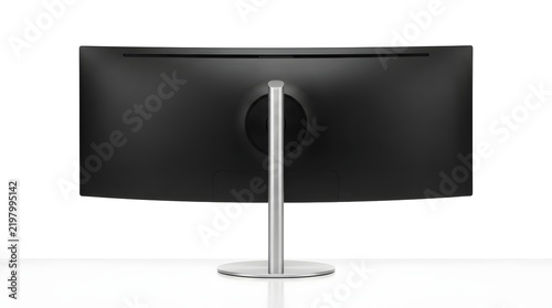 Curved computer monitor back view on white table surface