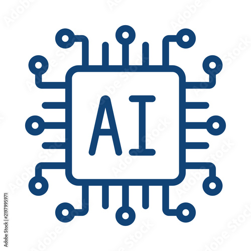 Blue artificial intelligence chip icon with integrated circuit board lines transparent background