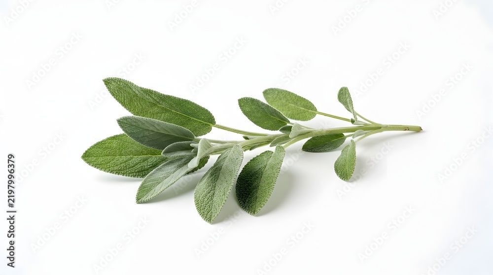 Fototapeta premium Fresh green sage herb sprig on white background