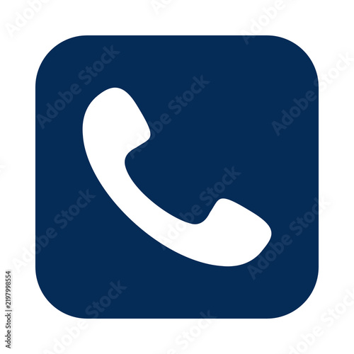 Flat white telephone icon on a dark blue square background transparent background