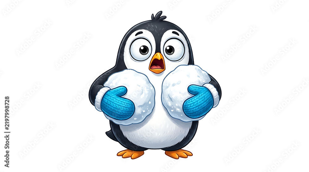 Obraz premium Surprised cartoon penguin holding snowballs on a transparent background cute winter illustration