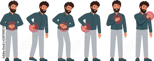 Man suffering from various body pain including stomach back chest and shoulder vector illustration