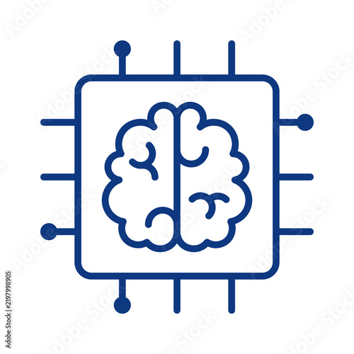 Minimalist blue icon representing artificial intelligence with a human brain inside a microchip shape on a transparent background transparent background