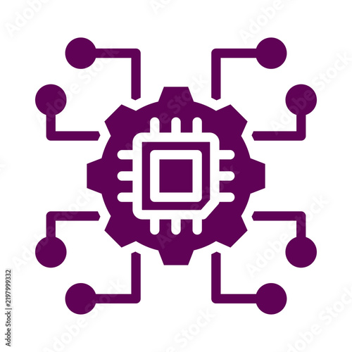 Purple gear icon with central microchip and digital connection nodes illustration transparent background