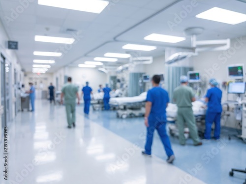 Busy hospital emergency room corridor with medical staff in scrubs walking and working around patient beds  modern healthcare facility interior  clinical setting  professional photography