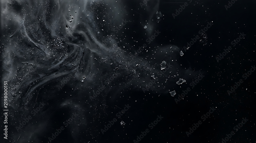 Obraz premium Black smoke with floating white dust particles and glowing light sparks in dark atmosphere