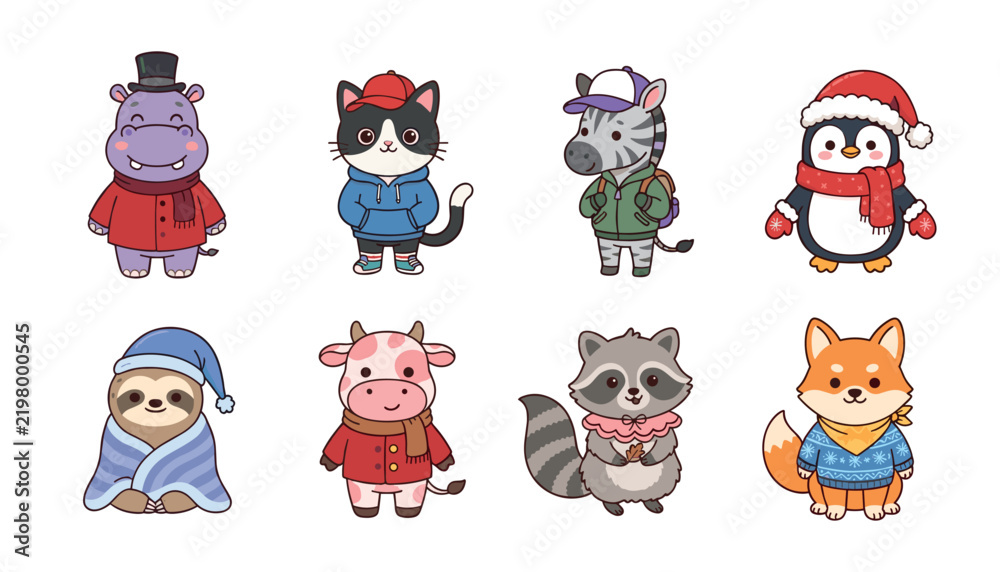 Obraz premium Cute cartoon animal characters collection featuring a hippo, cat, zebra, penguin, sloth, cow, raccoon, and fox wearing winter clothes.Print