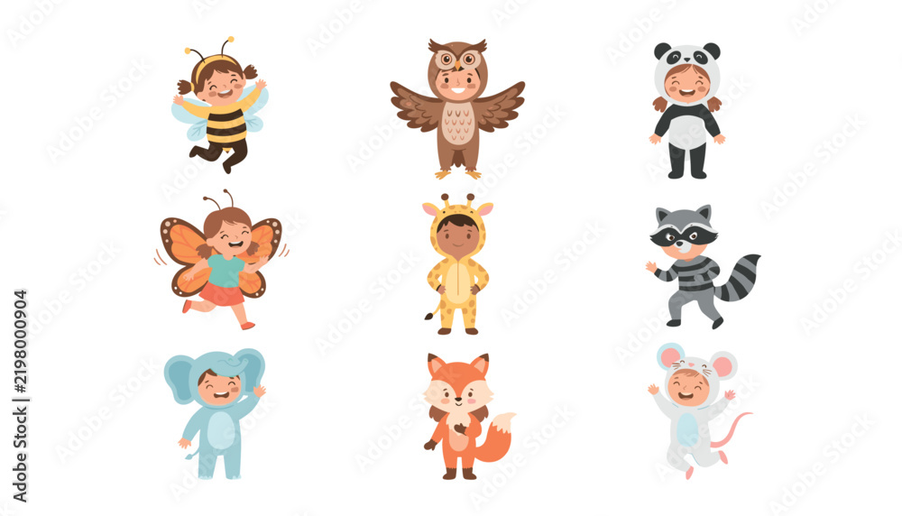 Fototapeta premium Cute cartoon children collection wearing animal costumes including bee, owl, panda, butterfly, giraffe, raccoon, elephant, fox, and mouse.