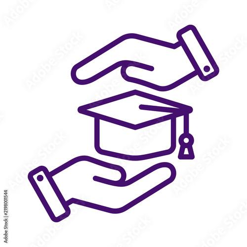 Purple outline icon of hands holding a graduation cap representing education protection and student support concept transparent background