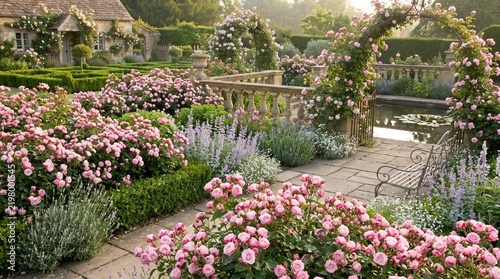 Lush formal English garden path lined with blooming pink roses, stone walls, decorative arches, and a tranquil pond in bright morning light.   
