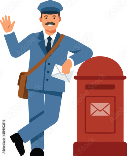 Friendly mailman waving hand holding letter next to red mailbox vector illustration