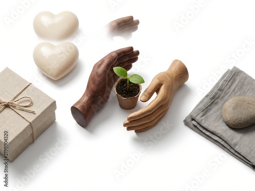 Wooden hands gently cradle a small seedling in a terra cotta pot set against a white background botanical care conservation