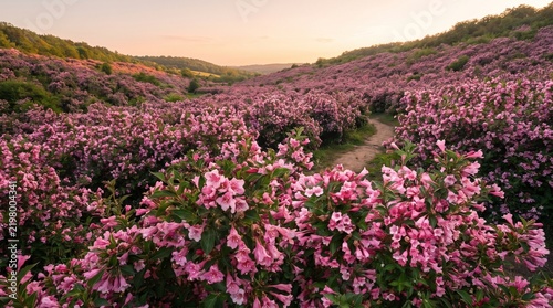 Vast field of blooming pink weigela flowers stretching across a rolling valley under a warm sunset light with a winding path and distant hills.   