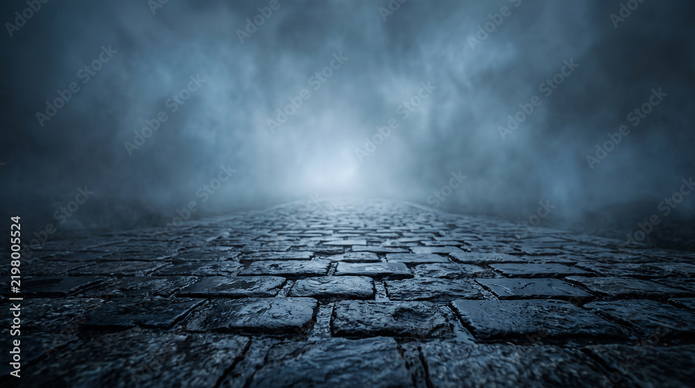 Obraz premium Cobblestone street photo in dark foggy night. Wet stone pavement road vanishing into misty horizon with dim moonlight. Moody atmospheric background for horror and mystery themes.