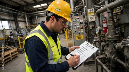 Industrial worker or safety inspector checking equipment and filling out a safety checklist on a clipboard inside a factory