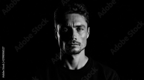 Moody monochrome portrait of a man with dramatic lighting against a black backdrop