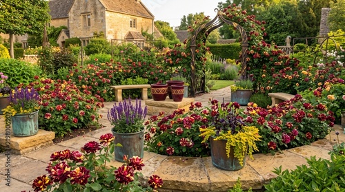 Lush formal English garden path lined with blooming burgundy and yellow bicolor roses, stone walls, decorative arches, and potted plants in warm afternoon light.   