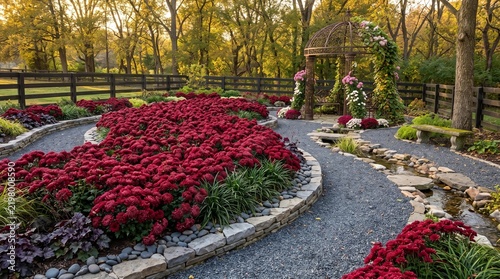 Lush formal garden path lined with vibrant red chrysanthemums, stone walls, a bubbling stream, and an ornate gazebo in warm autumn light.