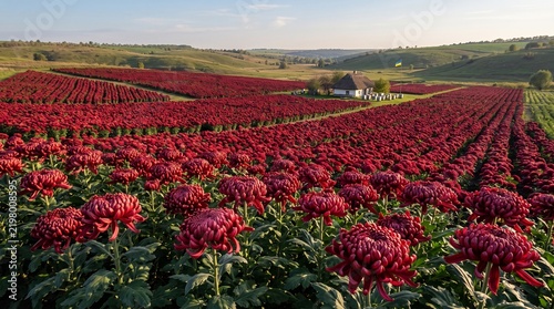 Vast field of blooming red chrysanthemums stretching across a rolling valley under a clear sky with a traditional Ukrainian house and distant hills.   