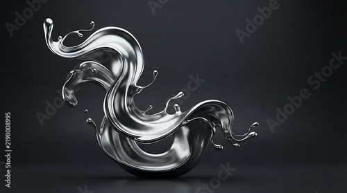 Abstract splash of liquid silver metal flowing in a dynamic swirl shape against a dark studio background