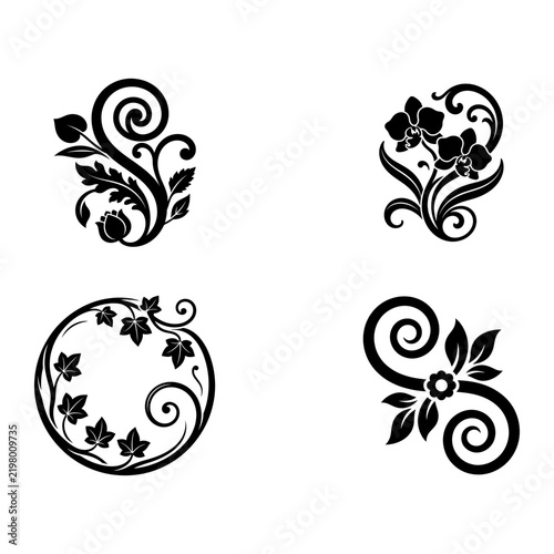 Collection of black floral silhouettes and decorative scroll patterns with design elements