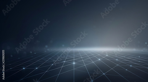 Abstract dark background with glowing blue light particles and soft bokeh effect