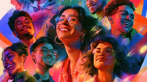 Vibrant collage of diverse youth portraits over a neon multicolor background capturing smiles and emotion