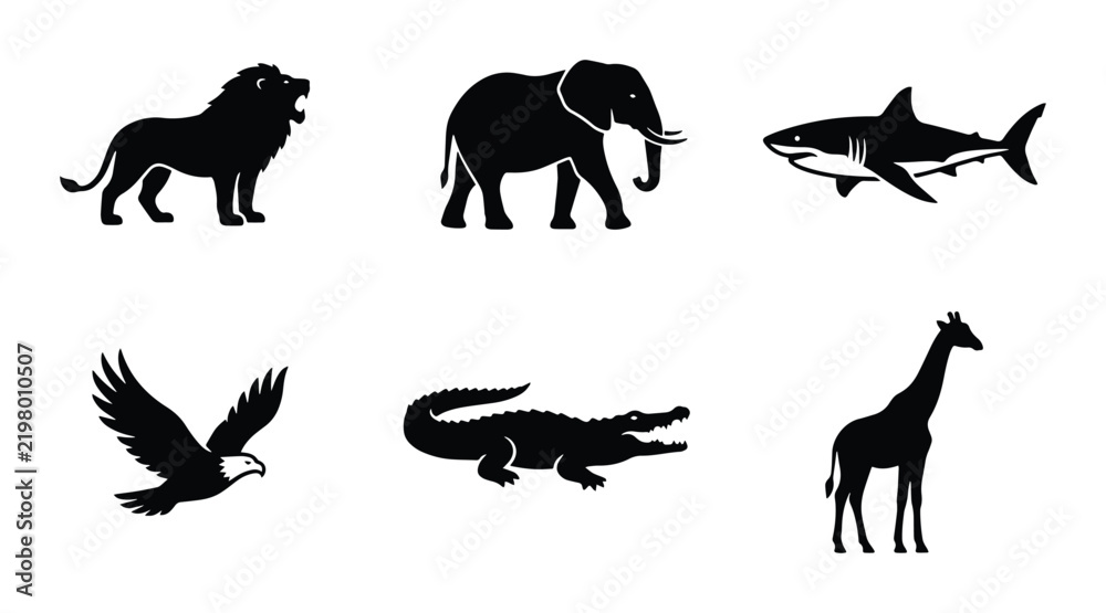 Obraz premium Wild Animal Silhouettes: Lion, Elephant, Shark, Eagle, Crocodile, Giraffe Icons