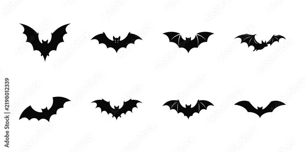 Fototapeta premium Black bat silhouettes depict nocturnal flying mammals in various poses