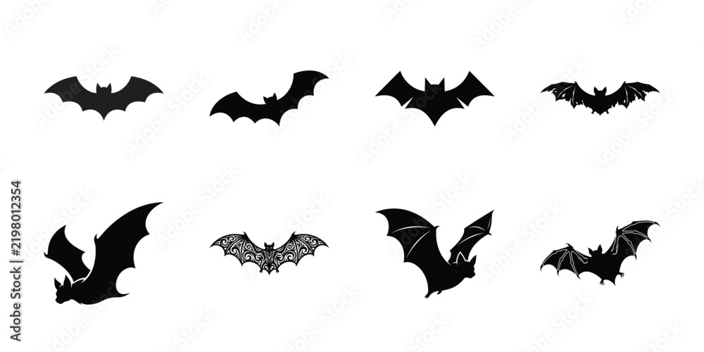 Fototapeta premium Black bat silhouettes with a treasure chest and cross against white background